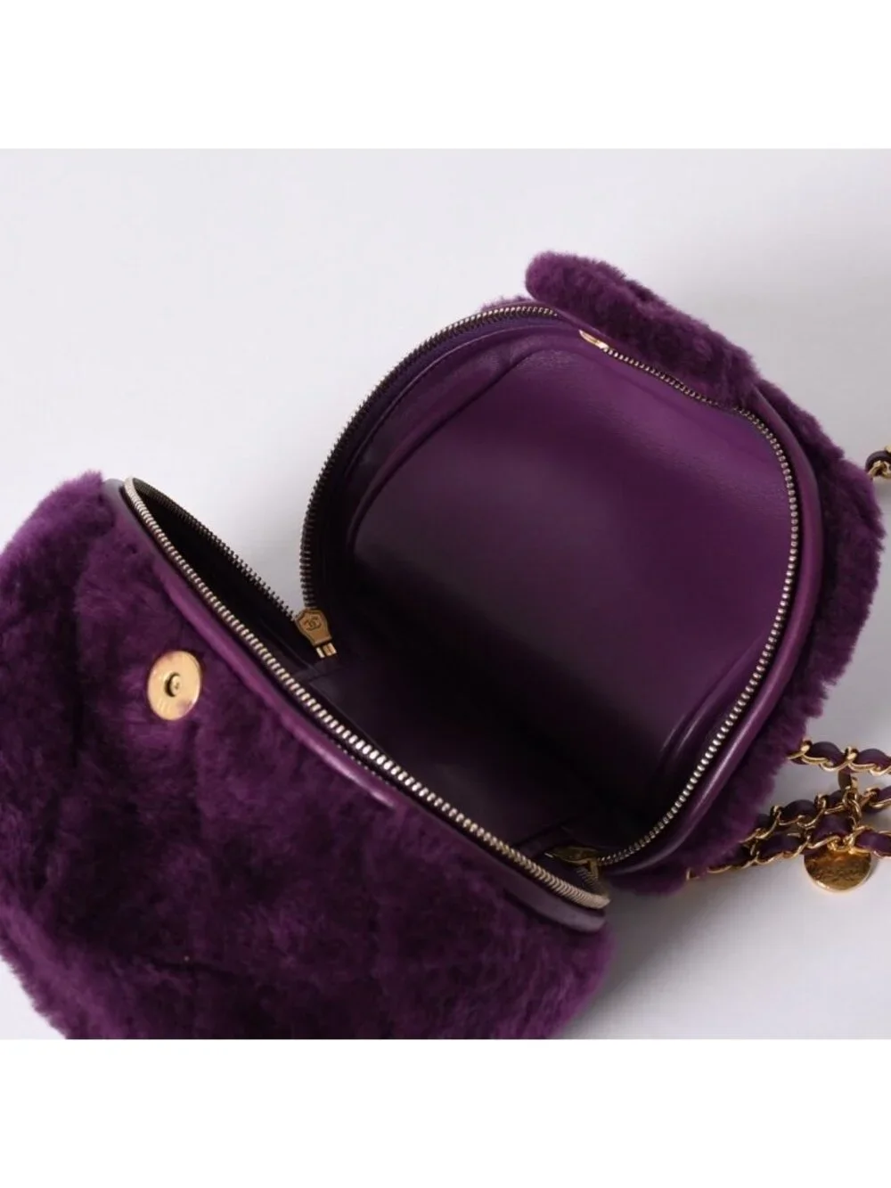 Chanel CC Logo Vanity 2-Way Shoulder Bag Shearling Purple Gold